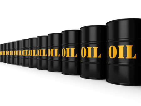 3D rendering Black metal oil barrels on white backgroundの写真素材