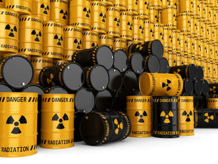 3D rendering Yellow and black radioactive barrels on a white background
