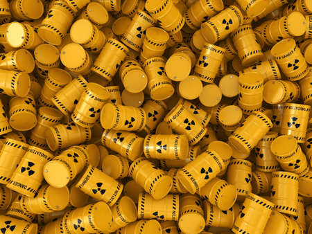 3D rendering Yellows radioactive barrels on a white background