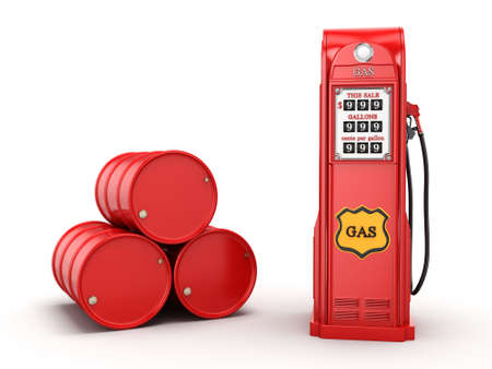3D rendering gas station in retro style with a barrels
