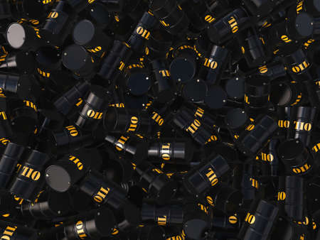 3D rendering Black metal oil barrels on black backgroundの写真素材