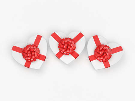 3D rendering White boxes with heart shaped red ribbon