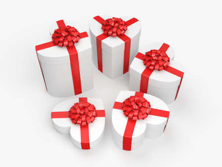 3D rendering White boxes with heart shaped red ribbon
