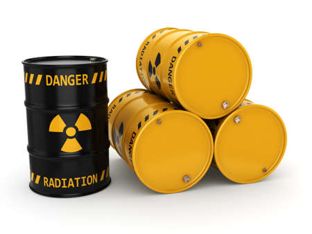 3D rendering Yellow and black radioactive barrels on a white backgroundの写真素材