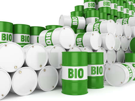 3D rendering green barrels for biofuels with letteringの写真素材