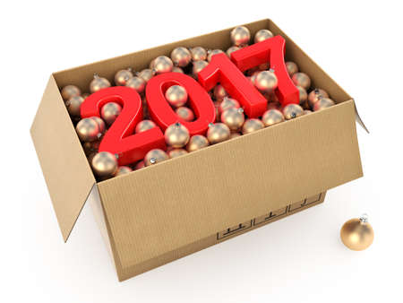 3D rendering 2017 New Year red digits with a cardboard box of golden Christmas balls