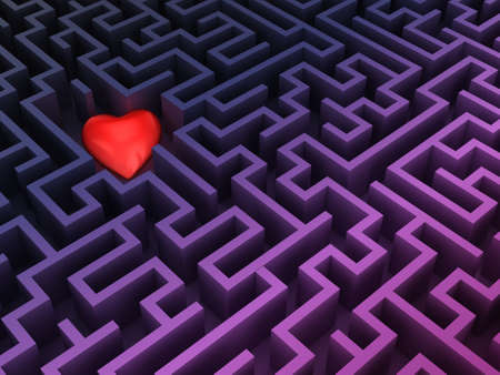 3d rendering simple purple labyrinth with red heartの写真素材