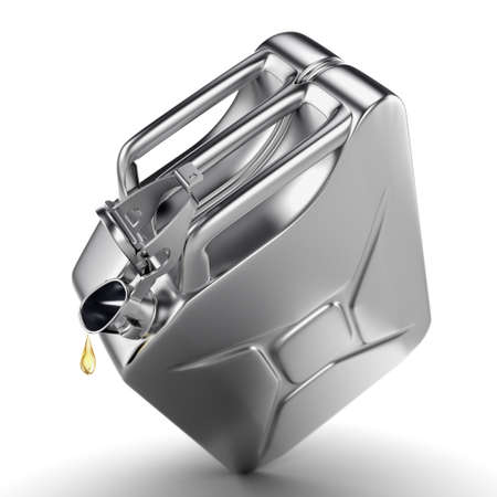3D rendering chrome jerrycan with fuel oil dropの写真素材
