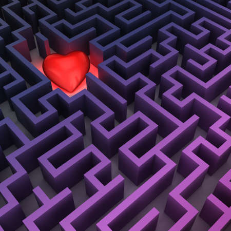 3d rendering simple purple labyrinth with red heartの写真素材