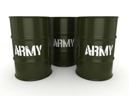 3D rendering several army khaki barrels with the inscriptionの写真素材