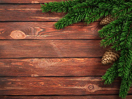 3D rendering dark christmas wooden background with branches of fir and conesの写真素材