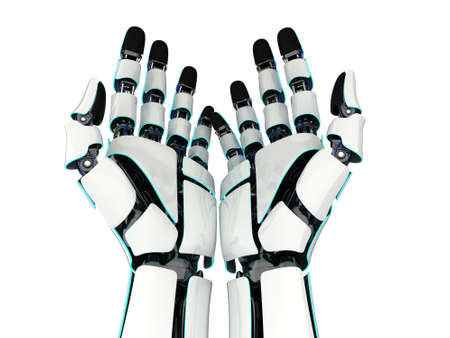 3d rendering two hands of a robot isolated on white backgroundの写真素材