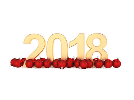3D rendering 2018 New Year gold digits with a red christmas ballsの写真素材