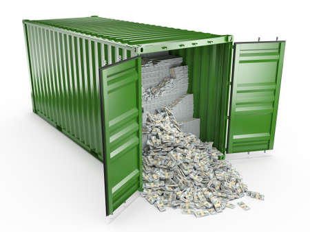 3d rendering packs of US dollars scattered from cargo container