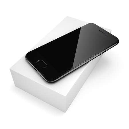 3D rendering black glossy smart phone with black screen isolated on white backgroundの写真素材