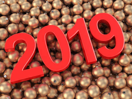 3D rendering 2019 New Year red digits and gold christmas balls lying on a wooden surfaceの写真素材