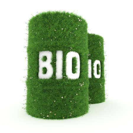 3D rendering barrel covered with green grass with biofuelsの写真素材