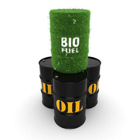3D rendering barrels covered with green grass with biofuelsの写真素材