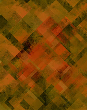 abstract orange background with green geometric design of diamond square shapes and lines in abstract design pattern in warm color and distressed vintage grunge background texture layout for brochureの写真素材