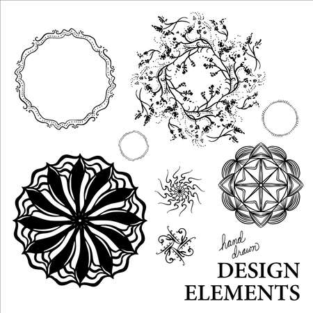 vector set of design elements, wreath, flowers, stars, framesのイラスト素材