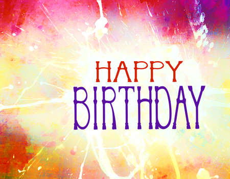 Happy Birthday with hand drawn typography letters and bright colorful background with paint stains and splatter textureの写真素材