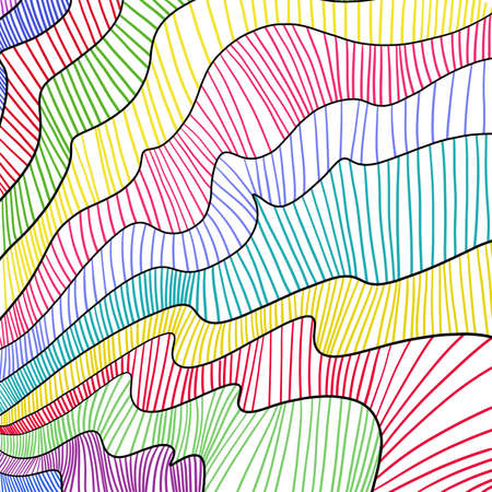 fun colorful background design with abstract black line or striped pattern in curves and waves in blue purple green red yellow pink and teal colors, artsy modern art or fanciful comic styleの写真素材
