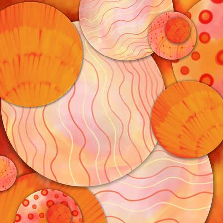 Abstract art background design, modern art style wavy stripes and abstract circles in pink red...
