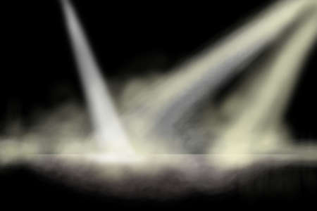 cloudy spotlights on black stage 3D illustration room, product display box, interior room with floor...