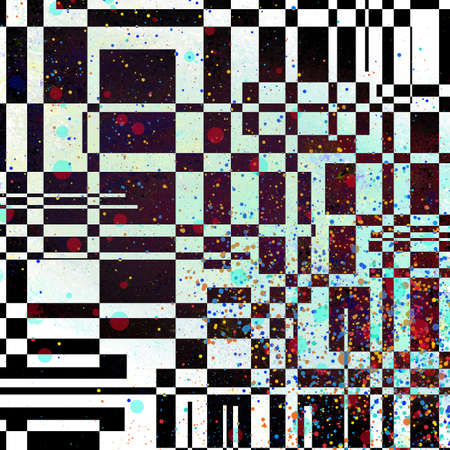 abstract black and white intersecting line design elements in checkered pattern with spots or drips...
