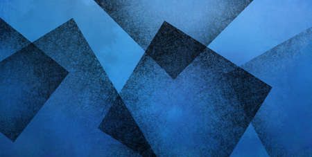Abstract blue background with black geometric square shapes layered in random pattern, elegant dark...