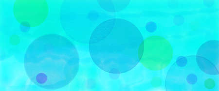 Blue watercolor background with blue and green bubbles or bokeh light circles layered in random abstract pattern in artsy designの写真素材