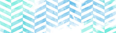 Blue green striped background with herringbone pattern and watercolor painted texture design, old grunge textured chevron stripes in blue green and white wallpaperの写真素材