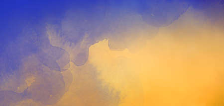 Purple blue and yellow orange background with watercolor texture brush strokes in stormy sunset sky...