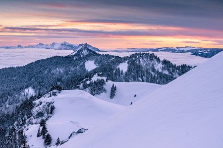 A cloudy winter sunset in the Chartreuse Mountains near Grenoble.の写真素材