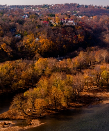 Autumn view of Park Island and the upper town of Harper's Ferry, West Virginia.の写真素材