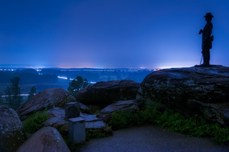 Long exposure on a foggy night on Little Round Top, in Gettysburg, Pennsylvania.の写真素材