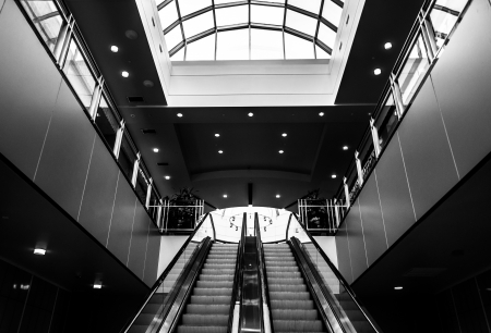 Black and white of escalators in Towson Town Center, Maryland.のeditorial素材
