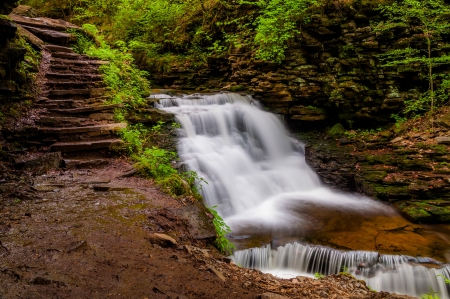 Delaware Falls and stairs along the Falls Trail in Ganoga Glen, Ricketts Glen State Park, Pennsylvania.の写真素材