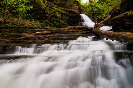 Looking up Huron Falls, in Glen Leigh, Ricketts Glen State Park, Pennsylvania.の写真素材