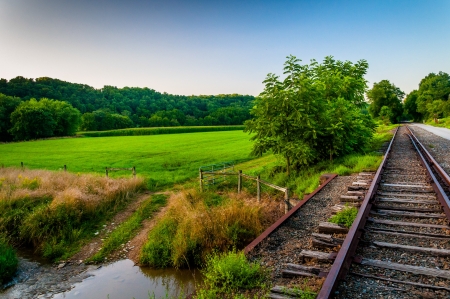 Farm and creek along railroad tracks in Southern York County, PA.の写真素材