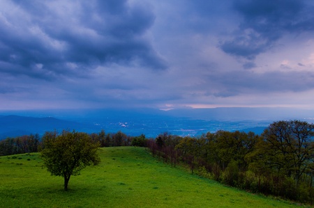 Spring storm over the Shenandoah Valley and tree on green hillside, seen from Skyline Drive in Shenandoah National Park, Virginia.の写真素材