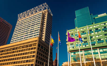 Highrises along Pratt Street in the Inner Harbor of Baltimore, Maryland.のeditorial素材