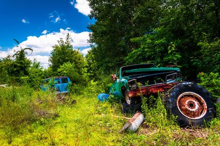 Old van and truck in a junkyardの写真素材