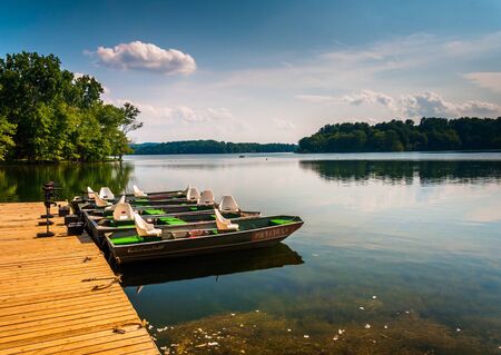 Dock and boats on Loch Raven Reservoir, near Towson, Maryland.