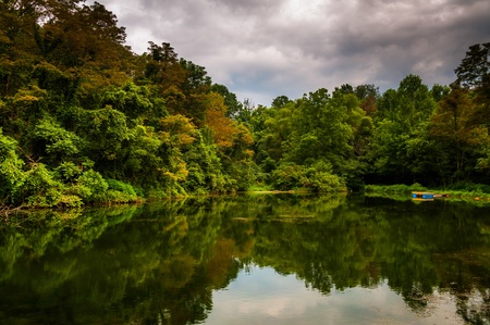 Trees and storm clouds reflecting in a pond in York County, Pennsylvania.の写真素材
