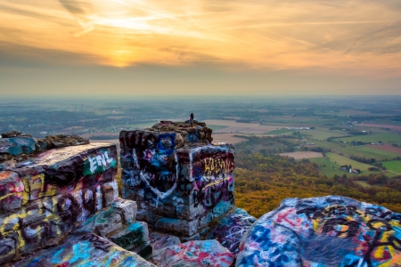 Graffiti covered rocks and overlook of the Cumberland Valley from High Rock, in Pen Mar County Park,...