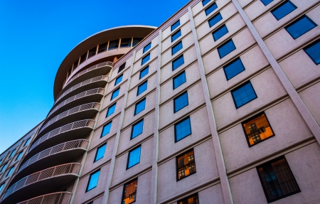 Looking up at an apartment building in downtown Baltimore, Maryland.