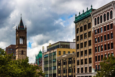 The Old South Church and buildings on Boylston Street in Boston, Massachusetts.の写真素材