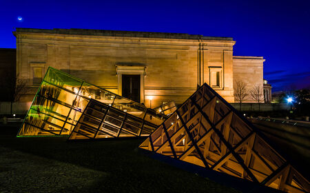 Glass pyramids outside the National Gallery of Art at night, Washington, DC.