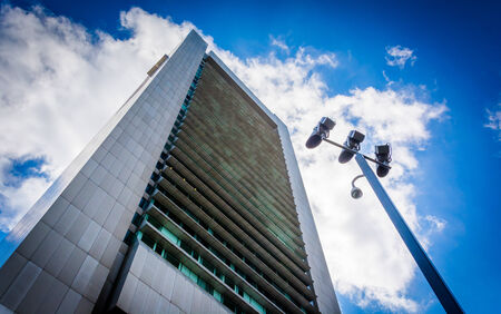 Looking up at the Federal Reserve Bank Building, in Boston, Massachusetts.